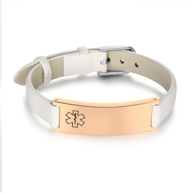 White Leather Medical Alert ID Bracelet with Rose Gold Bar-Medical ID Bracelet-Auswara