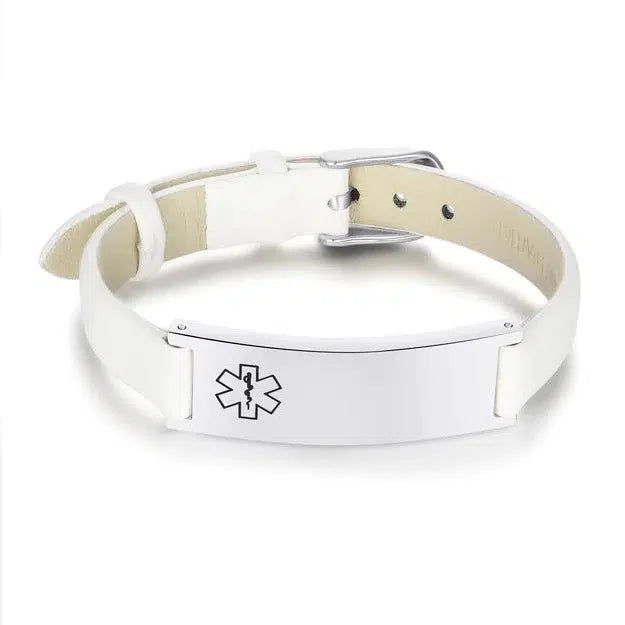 White Leather Medical Alert ID Bracelet-Medical ID Bracelet-Auswara