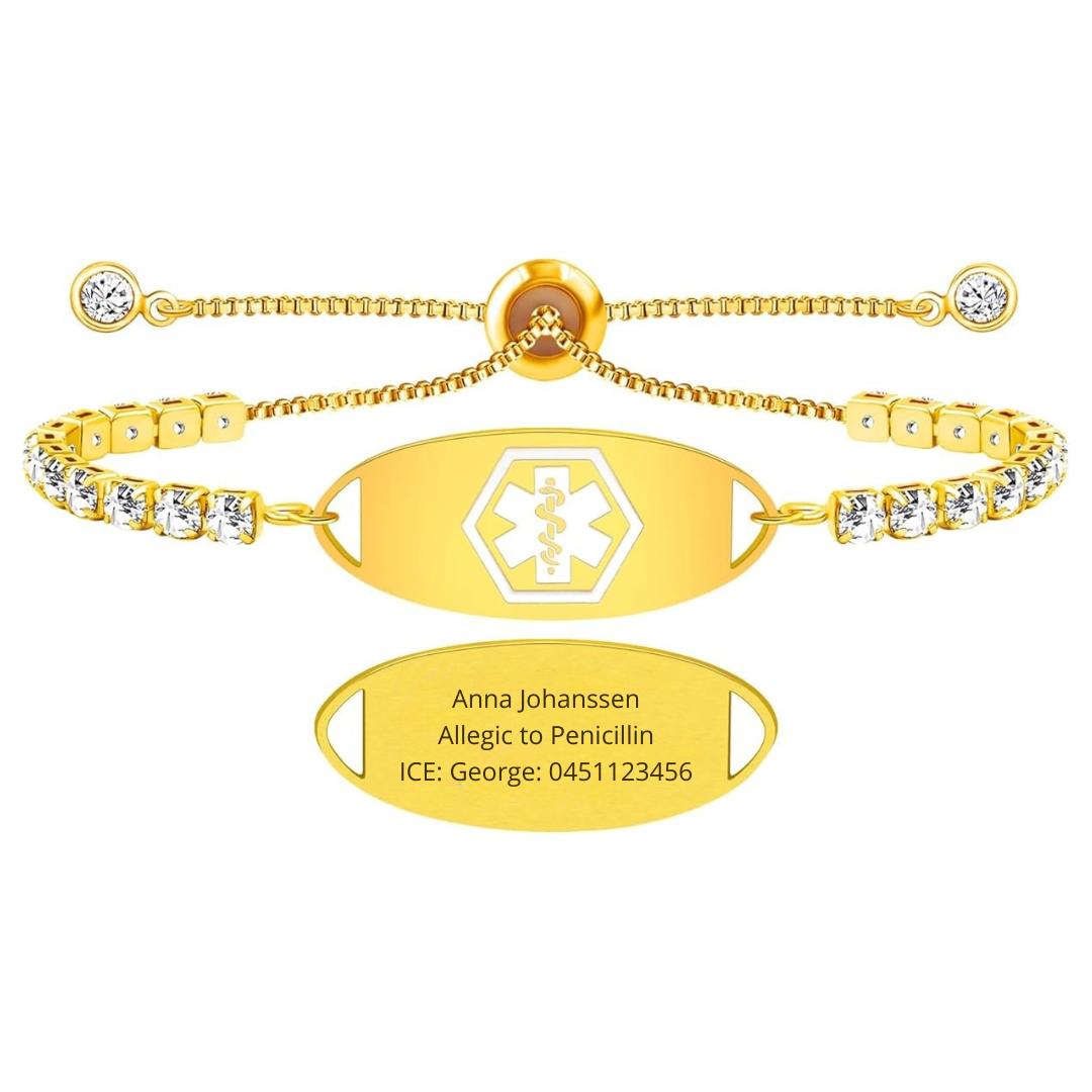 Women's Gold Medical ID Bracelet with Cubic Zirconia-Medical ID Bracelet-Auswara