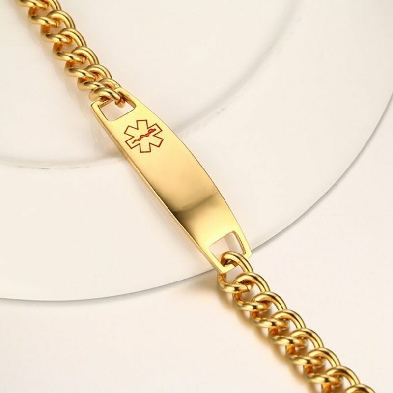 Personalised Gold Colour Medical Alert Chain Bracelet-Medical ID Bracelet-Auswara